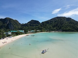 Drone picture of Loh Dalum Bay and Tonsai Bay in Koh Phi Phi, Thailand.

