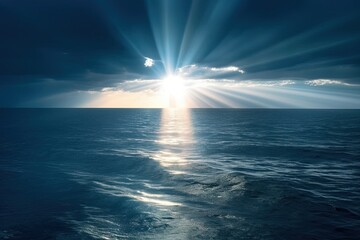 Obraz premium Light beams bent and refracted off the surface of the Atlantic Ocean. Generative AI