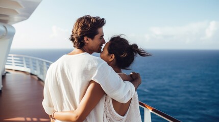Portrait of tourist couple on the deck of a cruise ship. AI Generated.