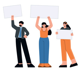 Group of people standing with white banners. Flat vector minimalist illustrations of different people characters