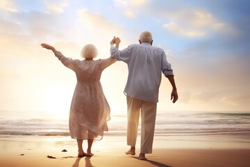 the back view of a happy elderly couple holding hands on the beach during sunset