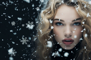 Portrait of young beautiful blonde woman closeup face with falling snowflakes. Winter holiday concept