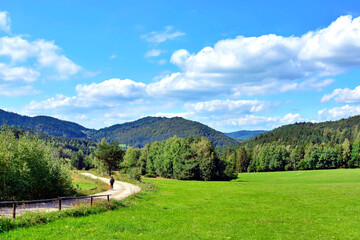 Summer landscape in mountains. View of Low Beskids (Beskid Niski) from Hutnianska pass, Poland.  - obrazy, fototapety, plakaty