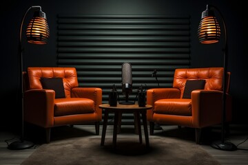 Two chairs and microphones in a podcast or interview setting, Generative Ai - obrazy, fototapety, plakaty