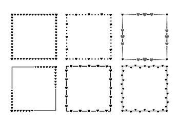 Set of heart square border frame with black line and small black heart.