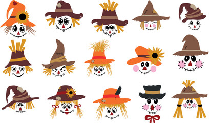 Scarecrow Faces Bundle, Halloween and Thanksgiving Clipart. Set of  Cartoon Scarecrow face vector designs. Head of a cartoon scarecrow in a hat