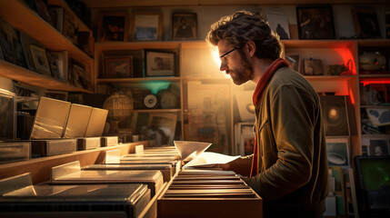 Fototapeta na wymiar John's eyes light up as he discovers his beloved vinyl collection, carefully stored in a sturdy box. Together, they arrange the records on a vintage shelf, ready to fill their new home with soulful 