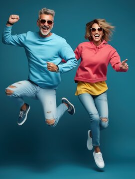 active mature couple in bright sports clothes, generative ai