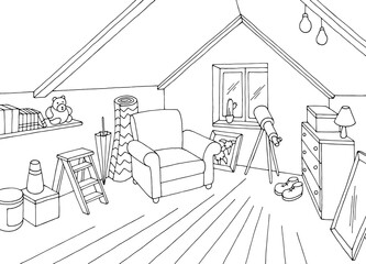 Attic room graphic black white home interior sketch illustration vector 