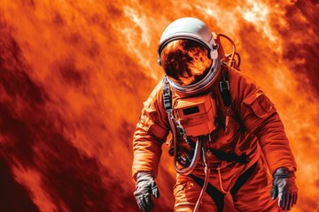 Obraz premium The astronaut is soaring over a stunning lava color trend. Generative AI