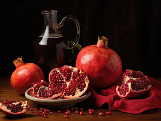 Still life with pomegranates and a glass decanter.
