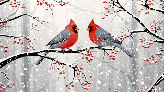  Two red cardinals on a  snow branch and a  winter landscape with snowfall, in the style of realistic watercolor paintings.