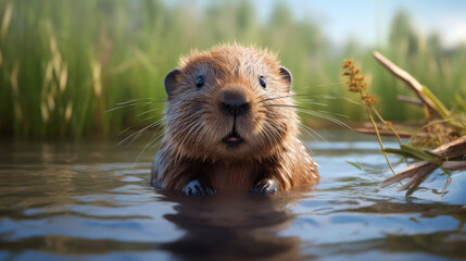 A beaver swimming in a serene body of water - obrazy, fototapety, plakaty