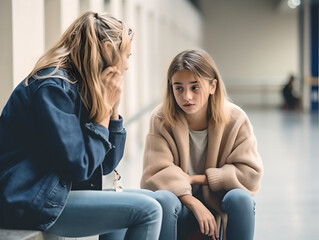 Sad student talking to her teacher for support. trust or counseling in the school hallway, for discussion or education about bullying, learning problems and development