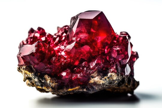 Ruby macro mineral stone in close-up on a white backdrop. Generative AI