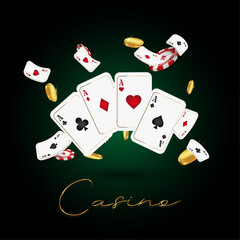 Set of aces with spades, clubs, diamonds, hearts, and gold coins in vector