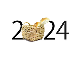 happy new year 2024. 2024 with roll in basket on white background

