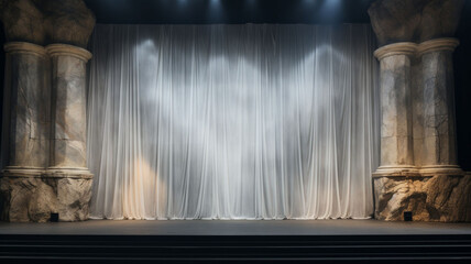 Eternal Grandeur: The Majestic 3D Marble Stage in Elegant Modern white curtain, Enhanced by Spotlights and Framed by Towering Roman-style Pillars, Illuminated  in the Background