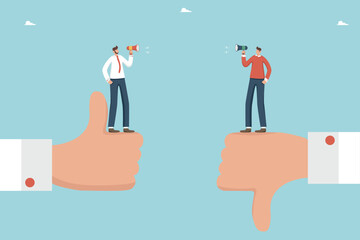 Contradictions in decision making, pros and cons of strategy to achieve target, disagreements in the process of work, positive and negative feedback, men arguing on big hands showing like and dislike.