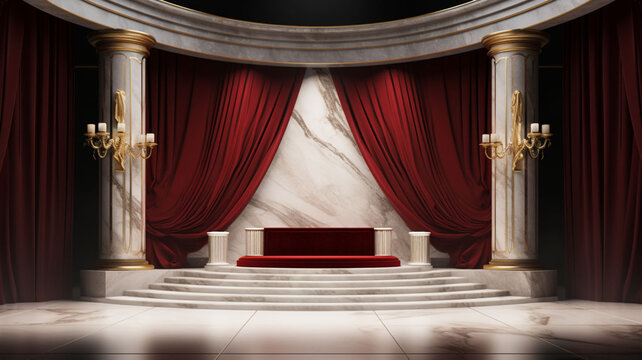 Radiant Harmony: Elegant 3D Rendered Huge Wooden Stage in Red Color Theme, Adorned with roman style piller , Spotlight, Stairs, Round Podium, and Illuminated 