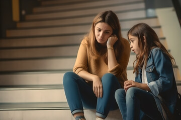 Sad student talking to her teacher for support. trust or counseling in the school hallway, for discussion or education about bullying, learning problems and development