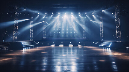 Luminous Splendor: An Empty 3D Marble Stage in an Elegant Modern Style, Illuminated by Spotlights, with a Backdrop of Glowing Lights
