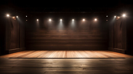 Crimson Grandeur: Elegant 3D Rendered Huge Wooden empty Stage in  , Spotlight, Stairs, and Round Podium with light glowing