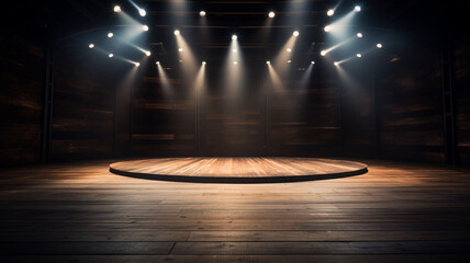 Radiant Brilliance: Elegant 3D Rendered Huge Empty wooden Stage with Beautiful Spotlight, Stairs, Round Podium, Colorful Lights, and a Soft Glowing Light