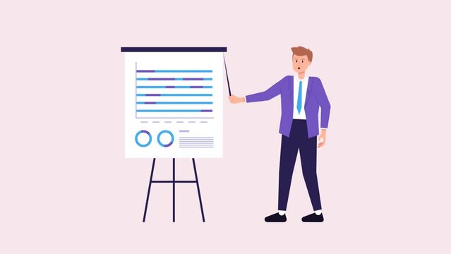 Animation Footage Male Character Presents Planning Board. Describe a Breakthrough Marketing Strategy That Captivates the Target Audience and Boosts Business Growth.