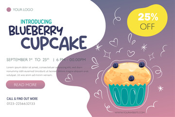 Blueberries cupcake banner illustration template