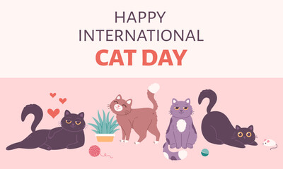 International Cat Day greeting card. Cute cat characters. Vector illustration in flat style