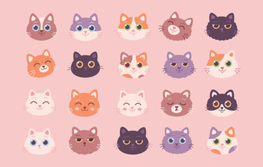 Collection of Cat faces. Cat characters with different emotions and facial expressions. Vector illustration in flat style