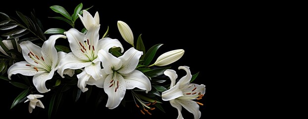 White flowers, lilium, lilie on dark grey, black background, grief, loss, coping of mourning. Condolences card. Generative AI	