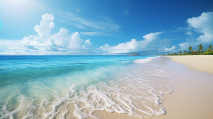 A beautiful sandy beach with crystal clear blue water and pristine white sand