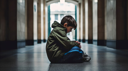 A depressed young boy suffering from depression sitting alone in the hall feeling loneliness. Upset bullied teen boy suffering sitting in corridor, Social problems, children's rights - obrazy, fototapety, plakaty