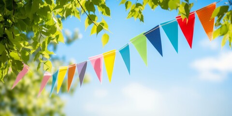 colorful pennant string decoration in green tree foliage on blue sky, summer party background