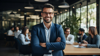 Happy business man standing in his office, arms crossed. AI Generative