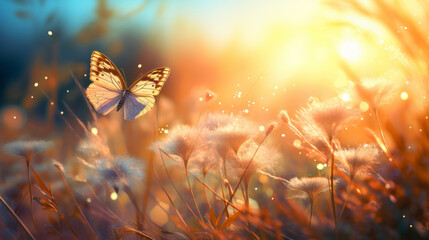 A colorful butterfly gracefully fluttering above a vibrant field of blooming flowers