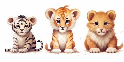 Cute Baby Animals, Tiger, Lion, Fox white background