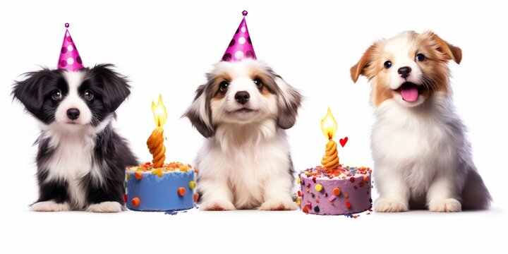 Cute Dog, Cat, Guinea Pig, Birthday Celebration white background