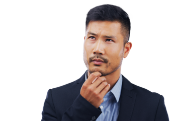 Thinking, vision and business man ideas, solution or decision isolated transparent, png background. Corporate employee or professional asian person for brainstorming, questions emoji or job strategy