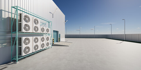 3d rendering of condenser unit or compressor outside factory plant. Unit of ac air conditioner,...