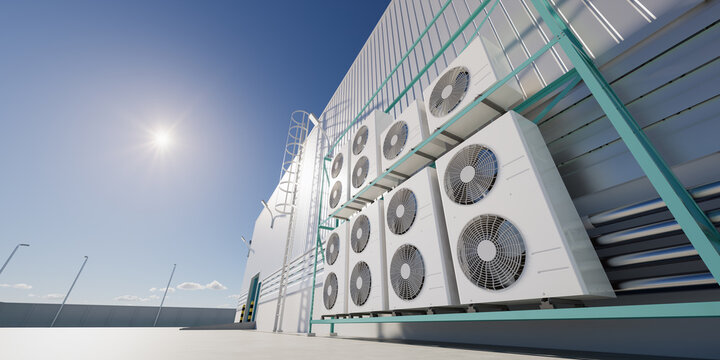 3d rendering of condenser unit or compressor outside factory plant. Unit of ac air conditioner, heating ventilation or hvac air conditioning system. Include fan, coil and pump inside for heat and cool