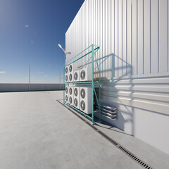 3d rendering of condenser unit or compressor outside factory plant. Unit of ac air conditioner,...