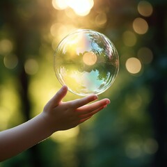 child hand hold soap bubble