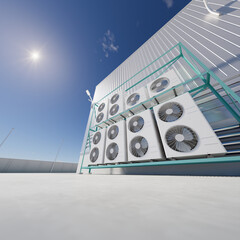 3d rendering of condenser unit or compressor outside factory plant. Unit of ac air conditioner,...