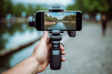 man hand hold gimbal stabilizatior close up