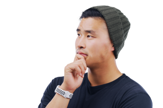 Asian man, thinking and remember ideas or confused by question or planning on isolated, transparent or png background. Doubt, face and guy with hand for solution, problem solving or brainstorming