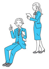スーツを着て説明する若い男女