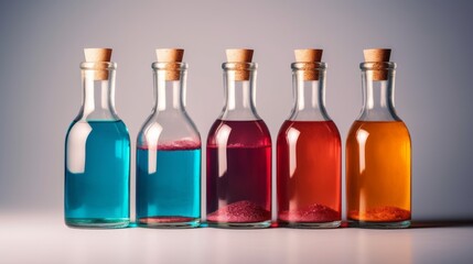 Glass bottles with cork lids stand in a row. Bottles with unusual liquids in different colors on grey